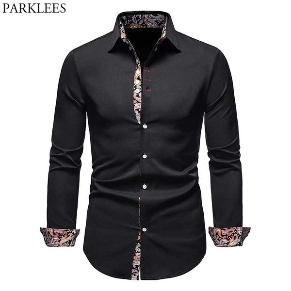 Elegante Paisley Patchwork Vestido Camisas Hombres Moda Manga larga Camisa de ajuste clásico para hombres Casual Botón Down Chemise 3XL 210522