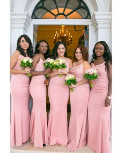 Elegante rosa barato vestidos de dama de honor sirena larga correa de espagueti sin tirantes vestido de invitado de boda vestidos de fiesta de satén BM1561
