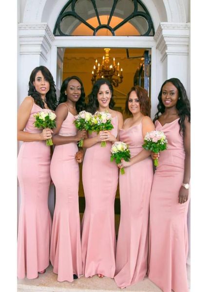 Vestidos de dama de honor rosa rosa rosa Long Mermaid Staphetti Strap sin correa para la boda Vestidos de fiesta de satén BM15612311667