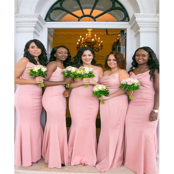 Vestidos de dama de honor baratos de color rosa con estilo Sirena larga Correa de espagueti Sin tirantes Vestido de invitado de boda Vestidos de fiesta de satén BM1561218t
