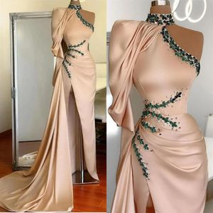 Élégant rose col haut une épaule robes de bal perles cristaux avec robes de soirée fendues Satin plis volants longues Vestidos266U