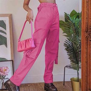 Stijlvolle roze hoge taille riem brede y2k broek vrouwen hit harajuku cargo sweatpant rechte baggerlijke broek streetwear 210510