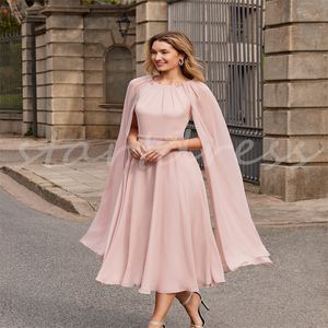 Elegante rosa mãe da noiva vestido com manga de cabo elegante frisado midi vestido de noite feminino 2024 boho casamento convidado vestidos de festa em torno do pescoço vestidos de gala mujer