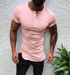 Stijlvolle Plain Tee Tops Heren T-shirt Korte Mouw Spier Joggers Bodybuilding Tee Mannelijke Kleding Slim Fit Wit Roze Tee7674033