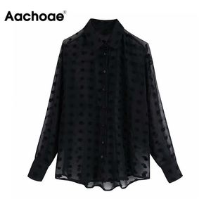 Stijlvolle polka dot borduurwerk chiffon blouse vrouwen lange mouw Zie doorhemd mode draaien kraag zwart casual blouses T200321