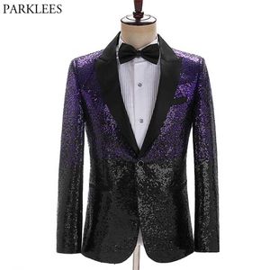 Élégant violet noir Sequin smoking Blazer hommes marque Laple un bouton costume veste mâle fête scène bal Coustume Homme 210522