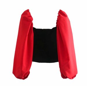 Stijlvolle rode patchwork fluwelen blouses lantaarn mouw shirts vrouwelijke casual korte stijl chic tops blusas mujer 210430
