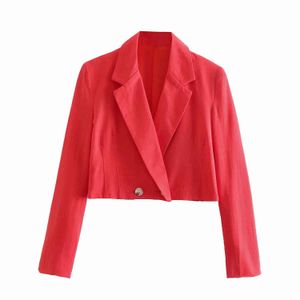 Élégant rouge femmes recadrée Blazer veste printemps été Blazer manteaux bureau dame Double boutonnage élégant Chic Streetwear 210521