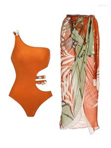 Élégant design de taille à une épaule rétro Orange Hollowed présente un maillot de bain en ligne d'été Bikini 2024 Girl
