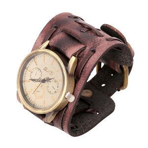 Élégant rétro large bracelet en cuir véritable montre hommes Punk Quartz montre-bracelet montres Bracelet pour hommes femmes cadeaux