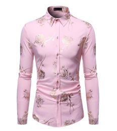 Stijlvolle roze bloemen Gold Print Pink Shirt Men 2020 Nieuwe Slim Fit Long Sleeve Heren Draai Shirts Club Party Wedding Camisa Social LJ25412602