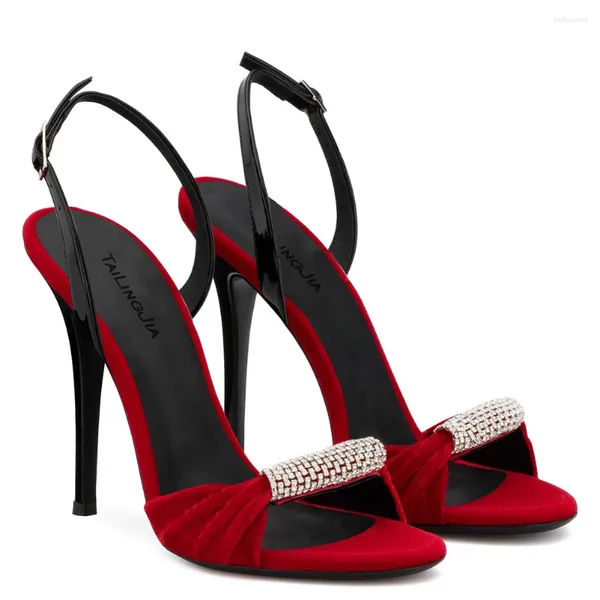 Sandales élégantes en ramine de veet noir et rouge super haut talon 11-13cm boucle mince sandale 2024 Banquet de mode mariage femme chaussette