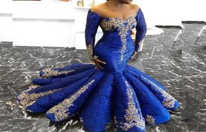 Stijlvolle lovertjes Mermaid prom jurken sexy off schouder gouden appliques lange mouw avondjurken Fabulous Royal Blue 2018 prom8295808