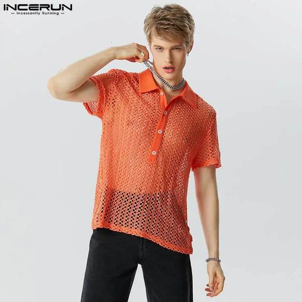 Style sexy élégant Tops Incerun Mens See-Through Mesh Hollow Shirts Casual Male Solid All-Match Blouse à manches courtes S-5XL240402
