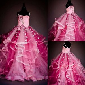 Elegantes vestidos de flores de color de costura para niñas, cuentas de pétalos, apliques de encaje, vestido de desfile para niñas, vestido de fiesta de tul esponjoso, vestidos de cumpleaños con cordones