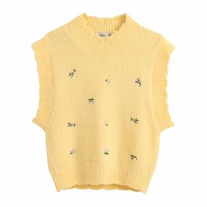 Stijlvolle, zoete bloemen borduurwerk gele mouwloze trui vrouwen mode O-hals truien casual meisjes chic jumpers 210520