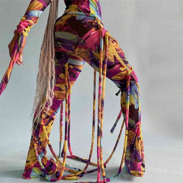 Élégant Tie Dye Print Lace Up Pantalon de survêtement Design unique Corde Taille haute Couleur Peinture Sports Femmes Pantalons longs Pantalons Slim 210517