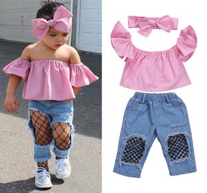 Élégant enfant en bas âge enfants filles vêtements hors épaule hauts déchiré Denim pantalon bandeau 3 pièces tenues ensemble Y2008297643870