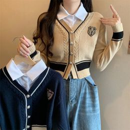 Stijlvolle Vintage Koreaanse Gesplitste Trui Vest Vrouwen Nep Twee Stukken Lange Mouw Single-breasted Elegante Chic Tops Jumpers 2023