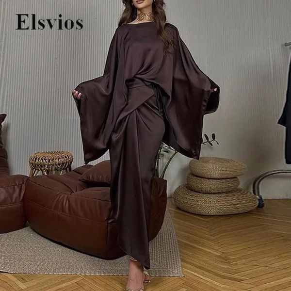 Élégant haut en lacep solide vintage et jupe Elegant Bat Wing Sangle Party Suit Casual Satin Châle Irrégulier Office Twopiece Set 240419