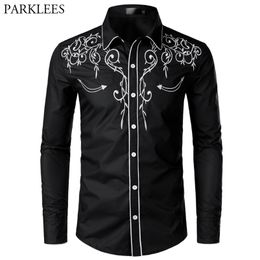 Élégant Western Cowboy Shirt Hommes Brand Design Broderie Slim Fit Casual Chemises à manches longues Mens Wedding Party Chemise pour homme 210708