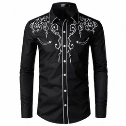 Élégant Western Cowboy Shirt Hommes Marque Design Broderie Slim Fit Casual Lg Chemises À Manches Hommes Chemise De Fête De Mariage pour Homme P5M6 #