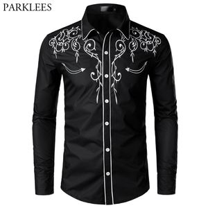 Stylish Western Cowboy Shirt Mannen Merk Design Borduurwerk Slim Fit Casual Shirts met lange mouwen Mens Bruiloft Shirt voor Male 210705