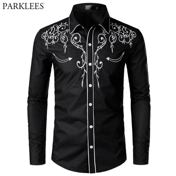 Élégant Western Cowboy Chemise Hommes Marque Design Broderie Slim Fit Casual Chemises À Manches Longues Hommes Chemise De Fête De Mariage pour Homme 220813