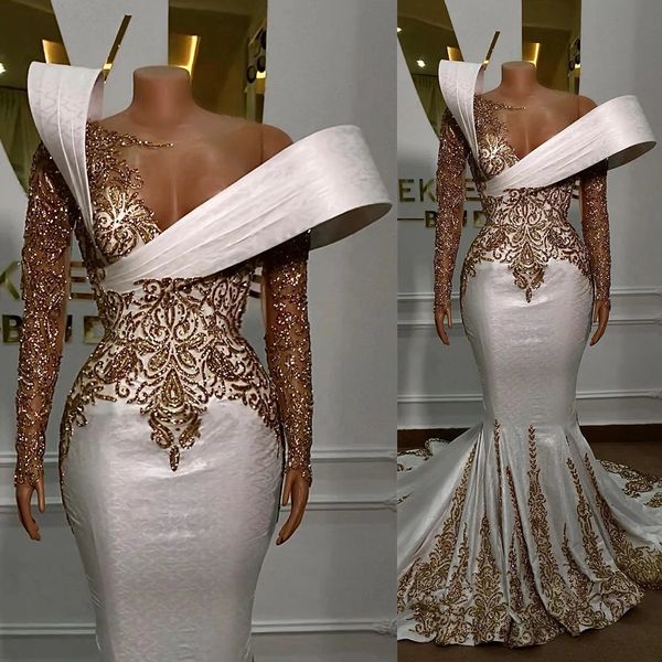 Elegantes vestidos de fiesta de sirena africana con cuentas blancas 2024 Cuello transparente Lentejuelas de oro rosa brillantes Vestidos para ocasiones de noche formales personalizados Aso ebi