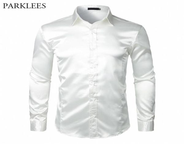 Chemise en Satin de soie blanche élégante hommes Chemise Homme décontracté à manches longues coupe cintrée chemises habillées pour hommes Chemise de mariage d'affaires 2009253915011