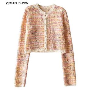 Mujeres con estilo Botones de diamante Mezcla Contraste Color Cardigan Retro O Cuello Manga larga Punto Recortado Suéter Corea Ropa 210429