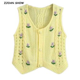 Stijlvolle vrouwen hand haak bloem mouwloze vest retro breien bijgesneden trui vest jumper geel Korea kleding 210429