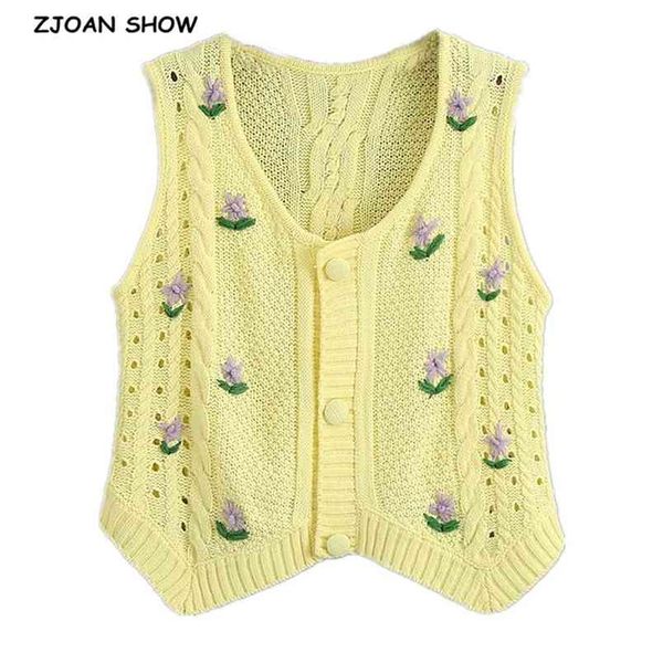 Cárdigan sin mangas con flores de ganchillo a mano para mujer con estilo Retro tejido recortado suéter chaleco Jumper amarillo Corea ropa 210429