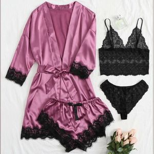 Chemise de nuit élégante en satin pour femme - Ensemble kimono - Peignoir - Robe avec dentelle - Lingerie douce - Plaisir d'été - Chemise de nuit - Portez de beaux vêtements sexy