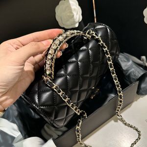 Bolso de hombro con estilo para mujer, bolso de lujo con asa de diamante, cuero con diamantes, herrajes plateados, hebilla de metal, cadena Matelasse, bolsos cruzados, bolso de diseñador, 22cm