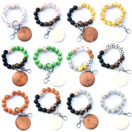Élégant en bois perlé Bracelet porte-clés pendentif Party Favor ballon de sport football baseball basket-ball bracelet bracelet avec porte-clés en métal RRB16434