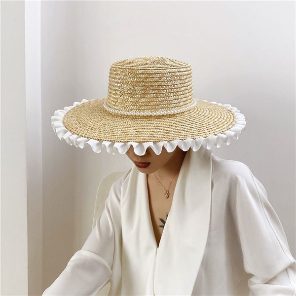 Sombrero de paja de perlas tejido elegante, sombreros de playa de alta calidad hechos a mano, gorras de protección solar de ala grande