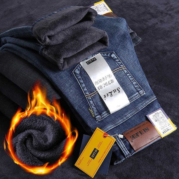 SU LEE peluche et épais denim jean pour hommes hiver coupe droite lâche tendance élastique vêtements d'extérieur décontracté pantalons longs pour hommes