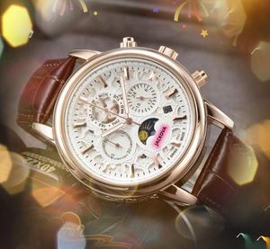 Sous-cadran travail automatique Date hommes chronomètre montres de luxe hommes en cuir véritable bande mouvement à Quartz horloge lune étoile cadran super lumineux montre populaire cadeaux