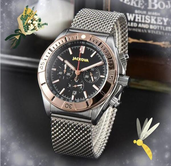 Sous-cadran de travail automatique Date hommes montres chronomètre six broches horloge lumineuse mouvement à quartz horloge en acier inoxydable maille non mécanique verre Hardex montre-bracelet cadeaux