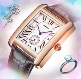 Sous-cadran travaillant hommes femmes réservoir cadran romain montres boîtier carré bracelet en cuir mouvement à quartz affaires décontracté batterie à quartz glacé or rose argent montre de loisirs