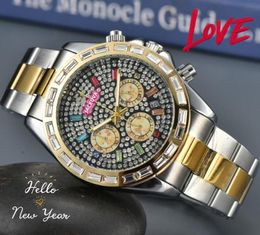 Sous-cadrans de travail montres pour hommes chronomètre mouvement à quartz horloge diamants bague cadran étoilé brillant chaîne saphir miroir étanche glacé montre super cool