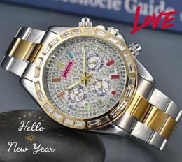 Sous-cadrans travail montres pour hommes chronomètre Quartz mouvement de la batterie horloge diamants bague brillant cadran étoilé chaîne saphir miroir étanche affaires décontracté montre cadeau