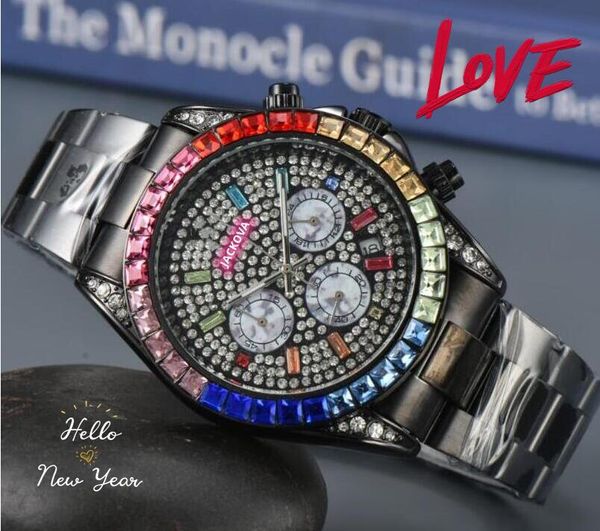 Sous-cadrans de travail montres pour hommes chronomètre mouvement de batterie à quartz chronographe horloge diamants colorés bague cadran étoilé brillant en métal bonne qualité montre cadeaux