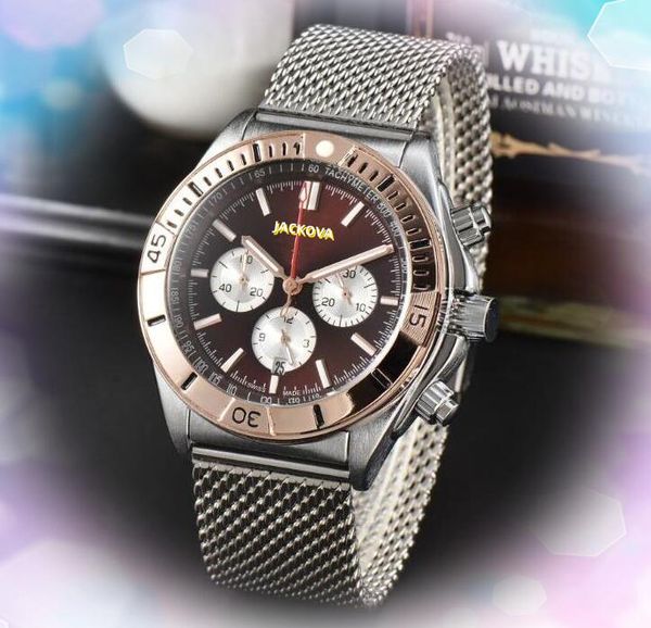 Sous-cadrans travaillant six broches grand cadran chronomètre montres hommes glacé en acier inoxydable maille argent bande horloge non mécanique mouvement à quartz montre-bracelet bracelet décontracté