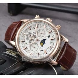 Sous-travail Date automatique Date Men Gatlet Stop Watches Mens Mens Gentine Leather Band Quartz Mouvement horloge Moon Dial Super Bright Bright Popular Watch Gifts 8499