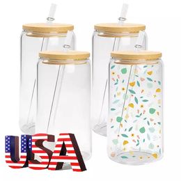 Botellas de agua de sublimación de EE. UU., lata de vidrio de 16 oz con tapa de bambú, jarra de cerveza de paja reutilizable, tazas de té y café, vasos