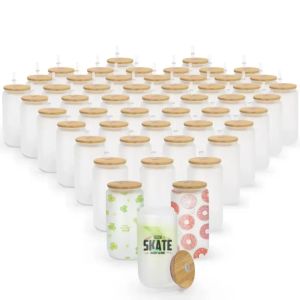 Sublimation 12oz 16oz 25oz en verre canet avec couvercle de bambou réutilisable de la paille peut être gobe gabotée transparente