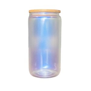 sublimatie 12oz 16oz iriserende kleur glas mok tuimelaar glas kan glinsterende glazen met bamboe deksel herbruikbaar stroholografisch biersap herbruikbaar