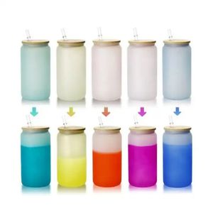 Vasos de vidrio de sublimación de 16 oz Vasos de vidrio esmerilado que cambian de color frío Vaso Botella de agua Cola Lata de cerveza Vasos Tazas Taza para beber con tapas de bambú Pajitas